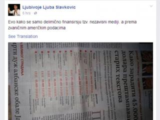 Slavkovićeva objava na Fejsbuku