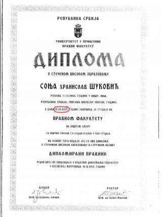 Diploma Sonja Šuković