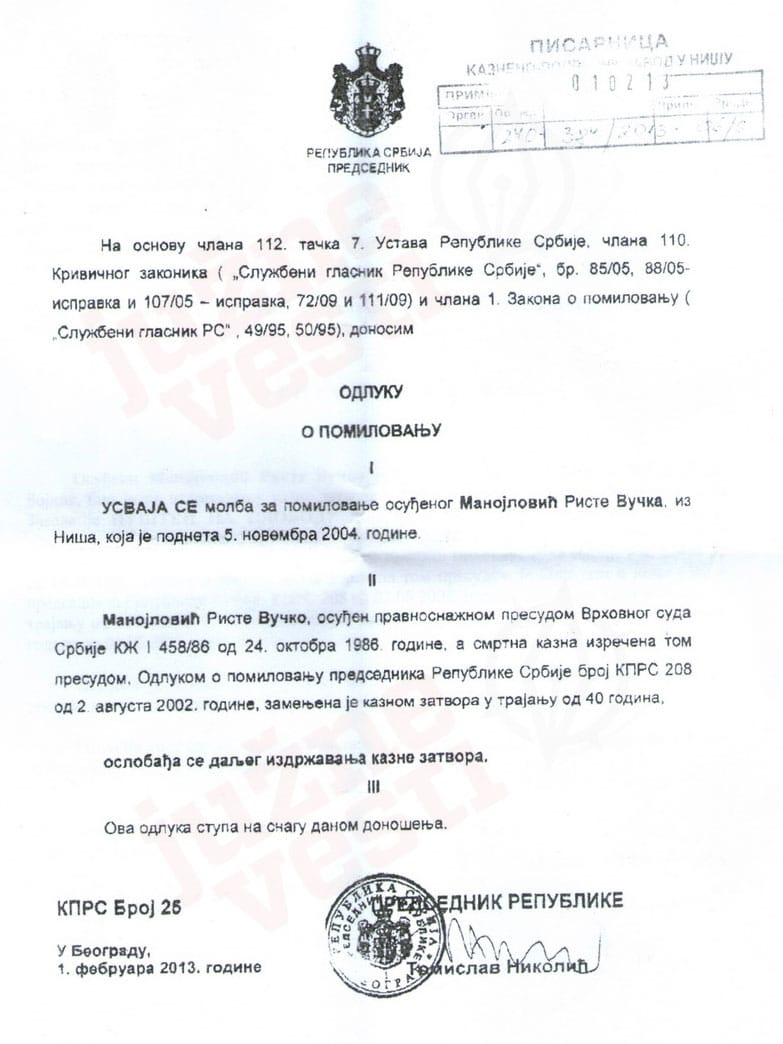 Vucko Odluka o pomilovanju