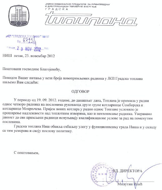 toplana odgovor 23 novembar