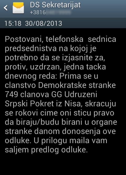 Potres pred izbore u niškom DS 2 DS sms