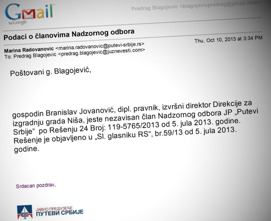 "Putevi Srbije" demantuju Jovanovića 8 gmail branislav jovanovic