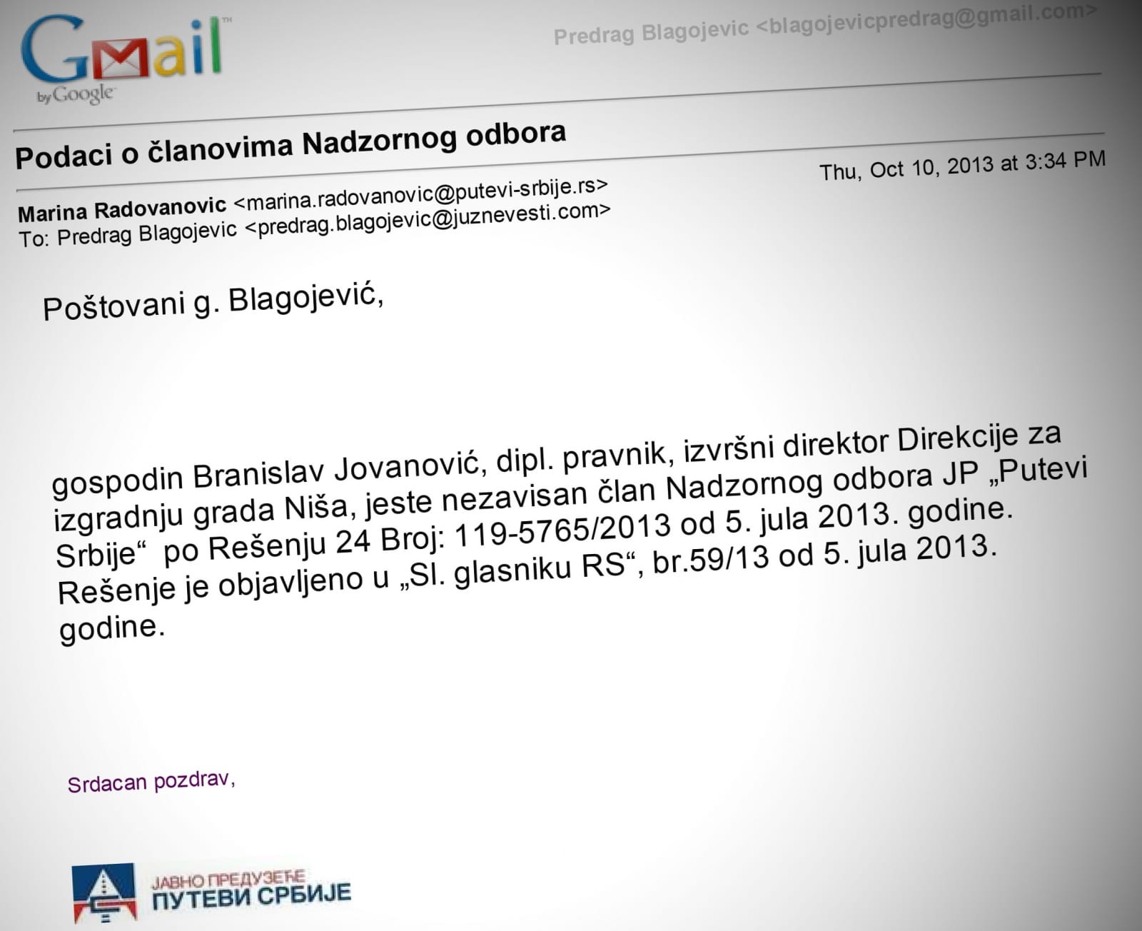 "Putevi Srbije" demantuju Jovanovića 1 gmail branislav jovanovic