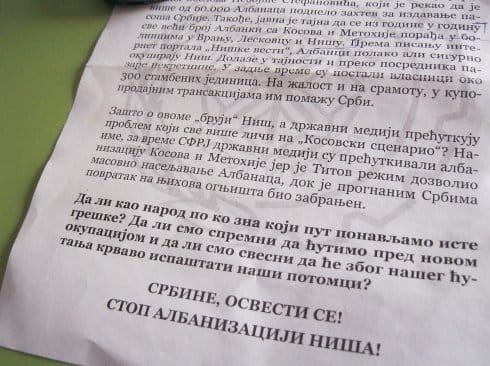 Anonimni leci "protiv albanizacije Niša" 19 albaniyacija