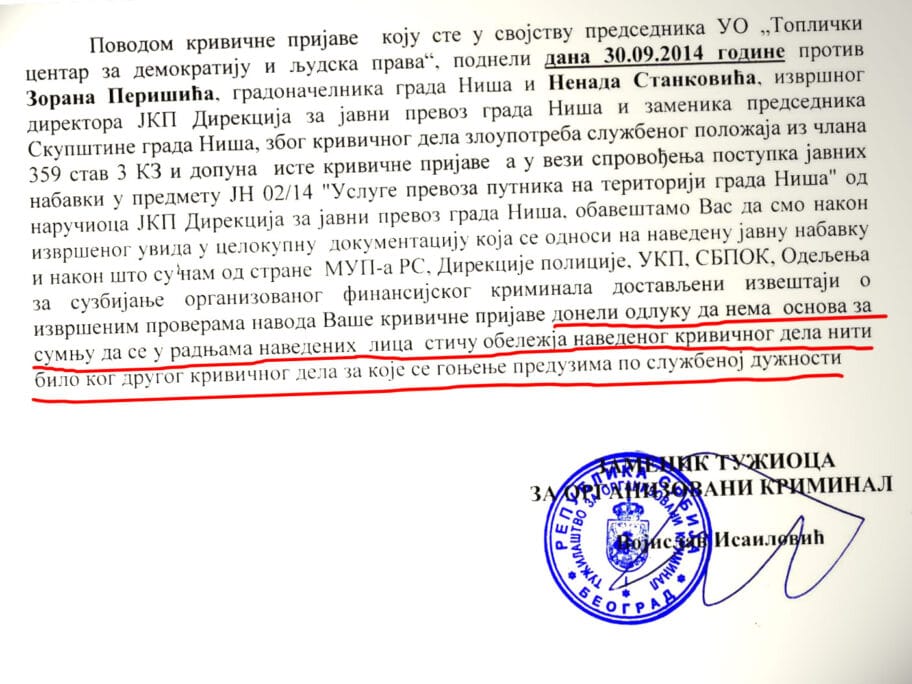 Obavestenje tuzilastva