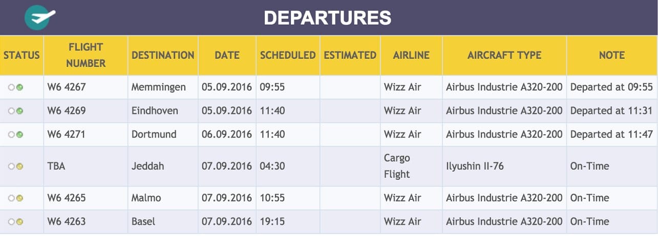 Departures aerodrom Nis