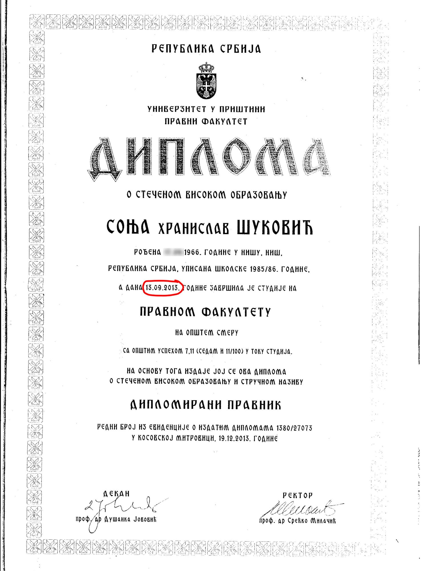 Diploma Sonja Sukovic