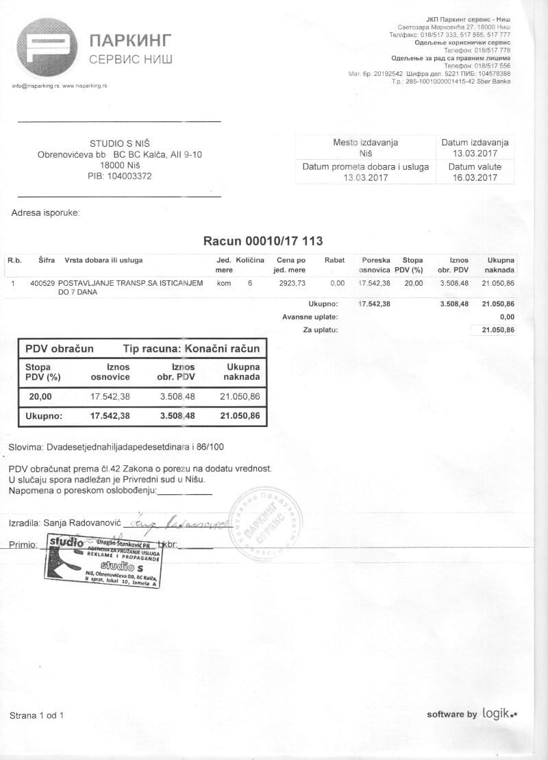 Racun Parking servis