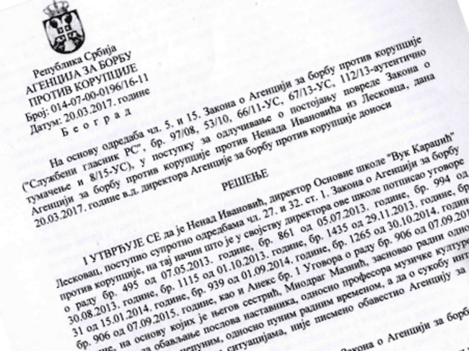 Agencija traži smenu direktora osnovne škole u Leskovcu zbog nepotizma 18 resenje agencije