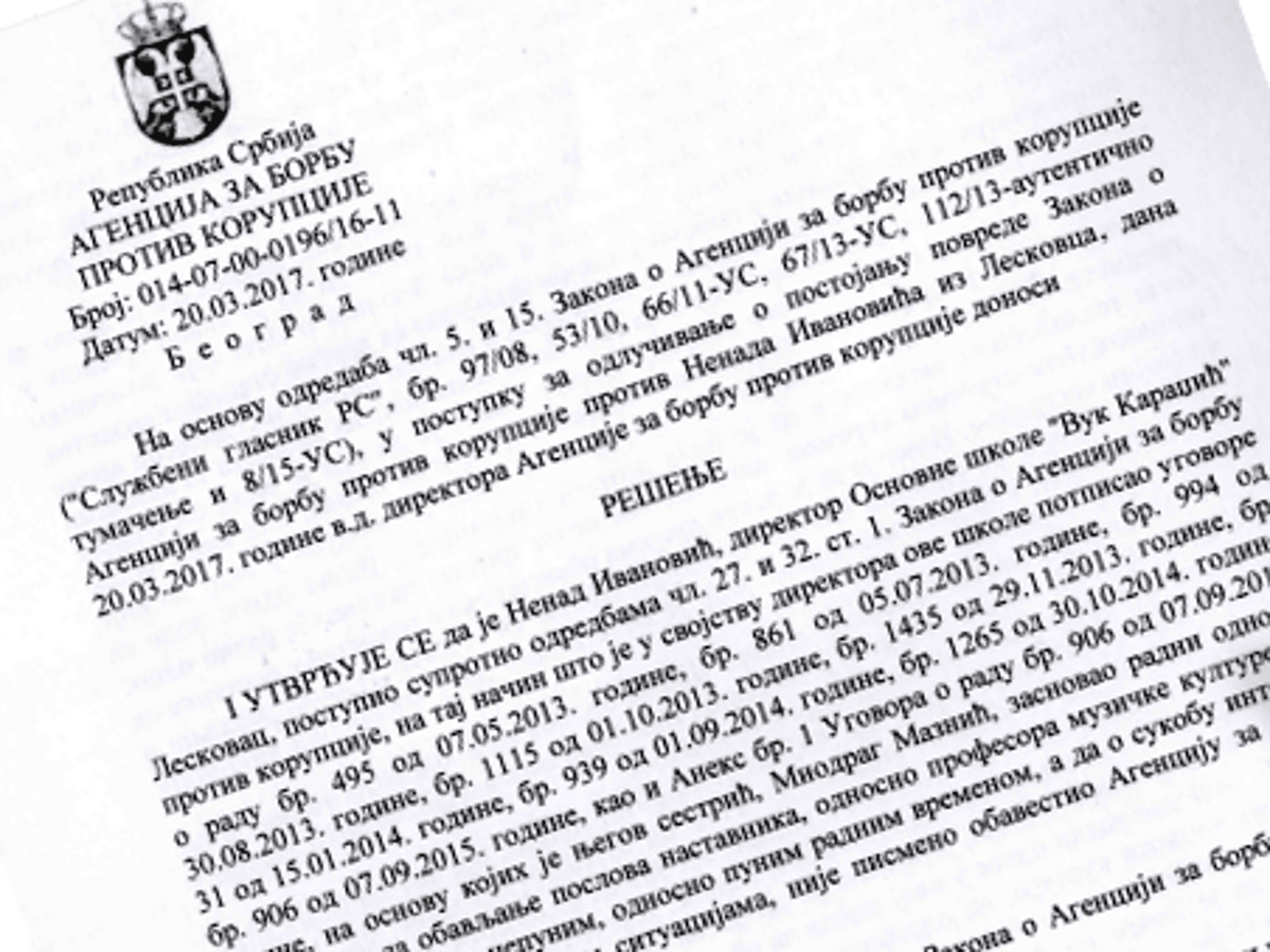 Agencija traži smenu direktora osnovne škole u Leskovcu zbog nepotizma 1 resenje agencije