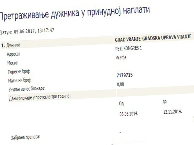 RACUN GRADA VRANJA FOTO PRINTSCREEN nbs