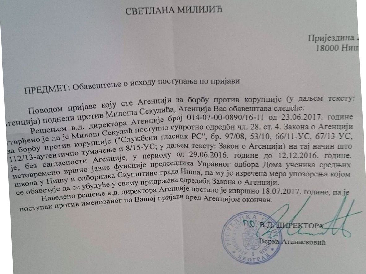 Milos Sekulic odluka ACAS