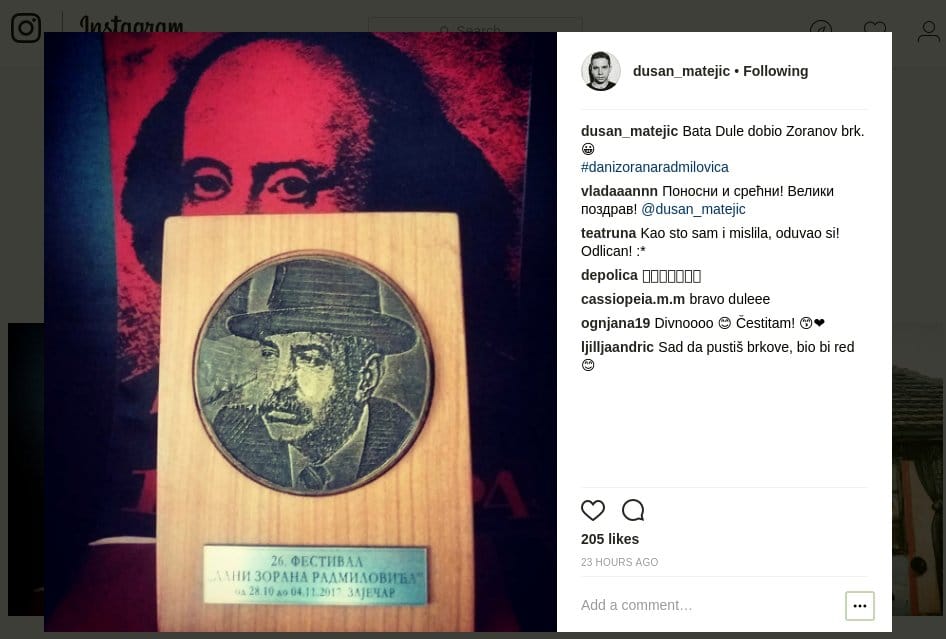 Dusan Mateji nagrada foto printskrin instagram
