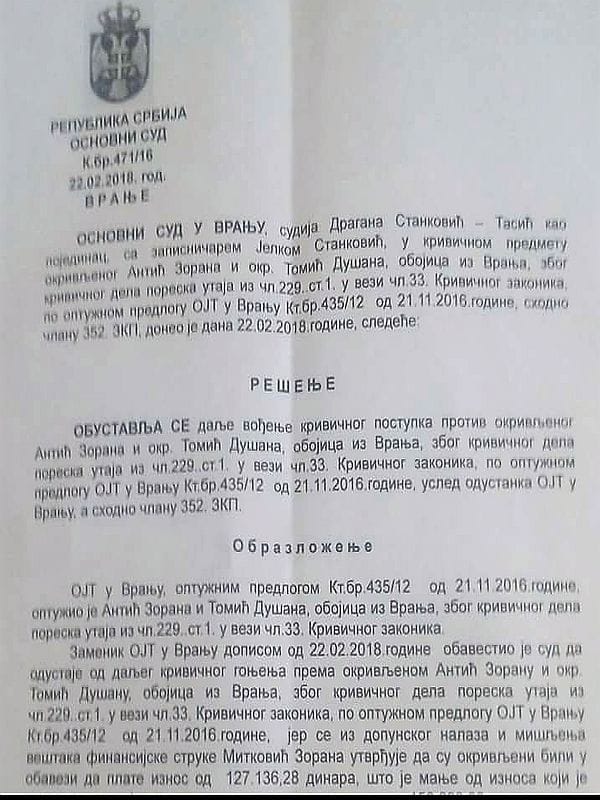 obustava postupka protiv antica foto printscreen