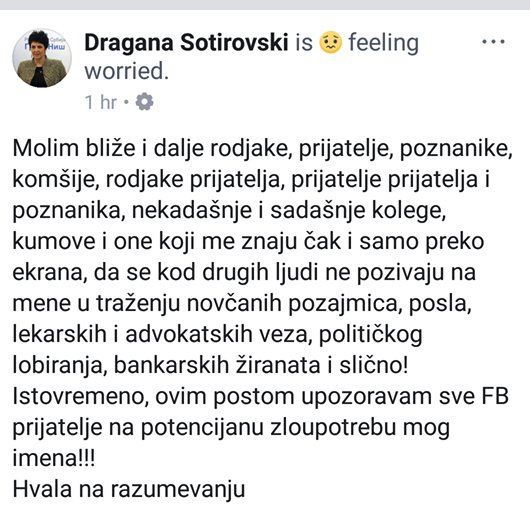 Screenshot Fejsbuk Dragana Sotirovski