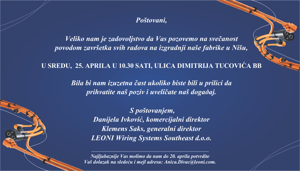 Pozivnica Leoni Svecano obelezavanje zavrsetka radova na izgradnji fabrike u Nisu sreda 25 april