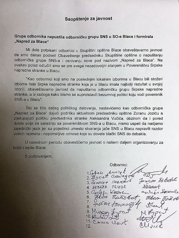 saopstenje 11 SNS Blace