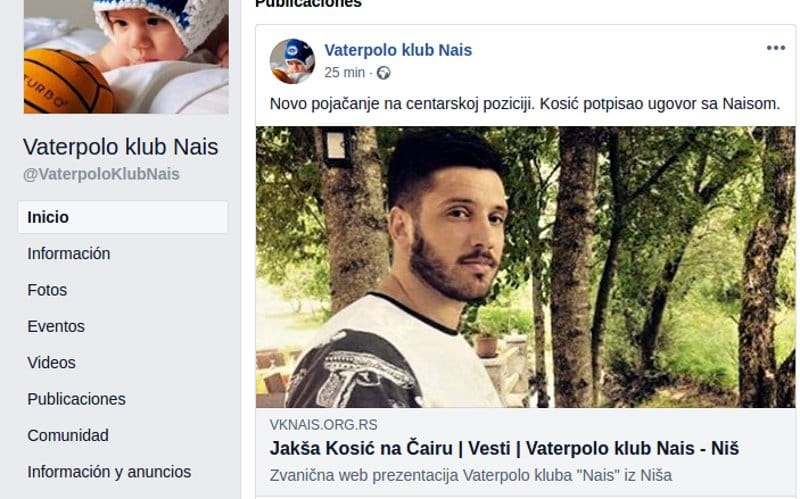 Jaksa Kosic post Vaterpolo klub Nais foto print screen facebook