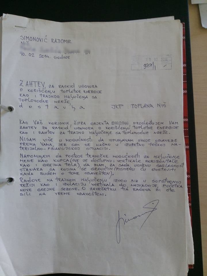 Zahtev za iskljucenje s toplane foto V M