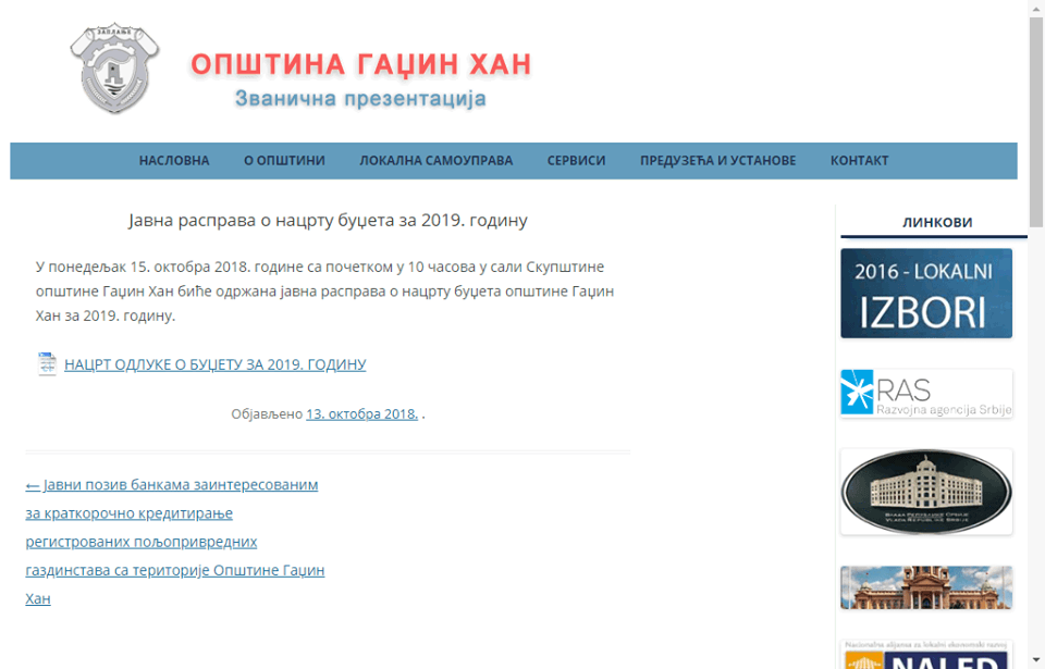 Screenshot sajt Opstine Gadzin Han