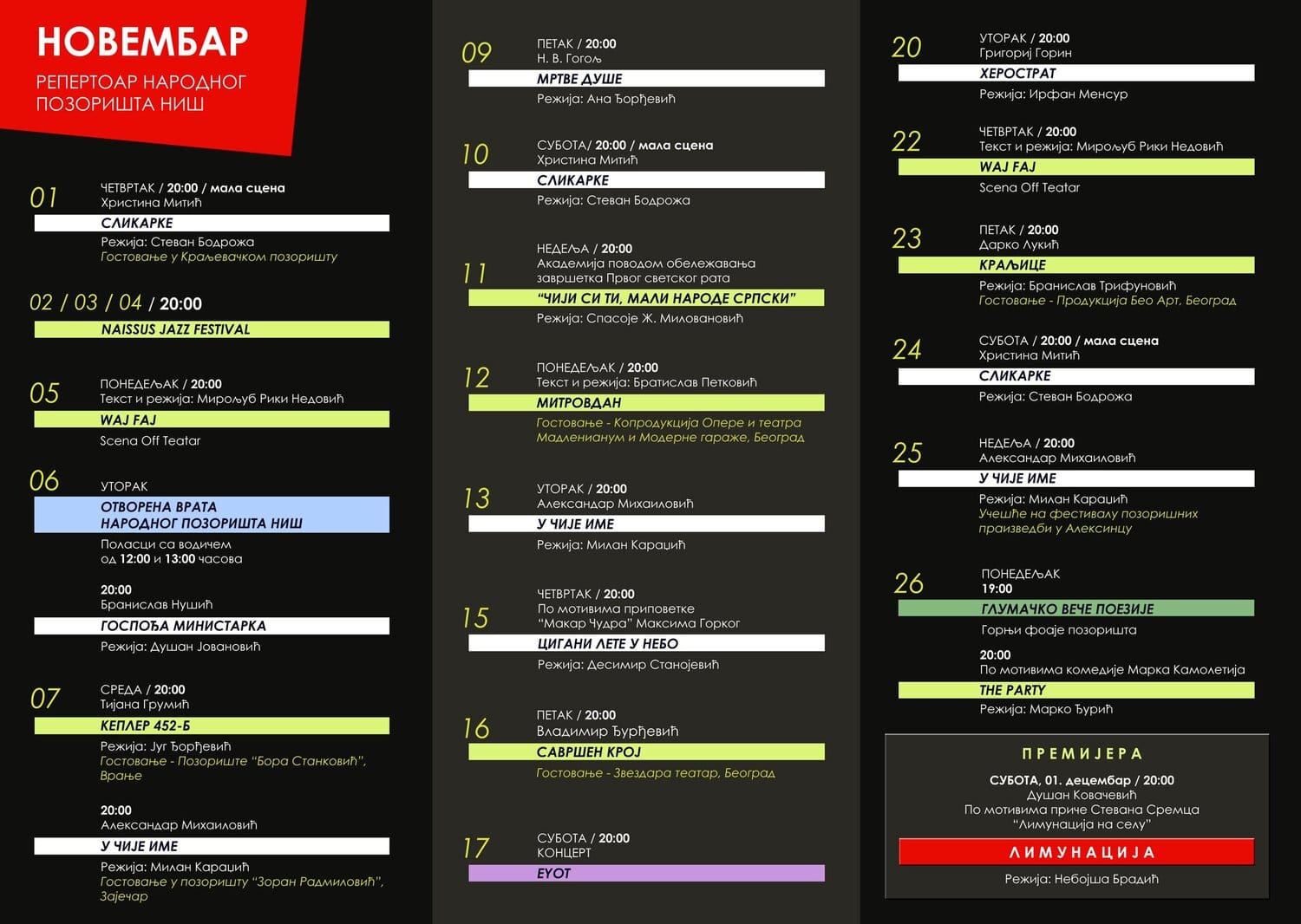 Repertoar Narodno pozoriste novembar