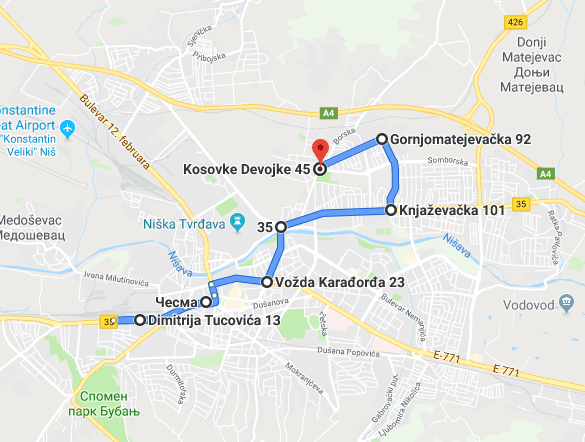 Izmenjena privremena trasa “somborske” linije - sada prolazi i kroz Somborski bulevar 2 linija printskrin google maps