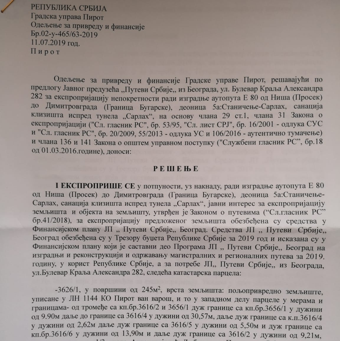 Resenje o eksproprijaciji foto Lj A