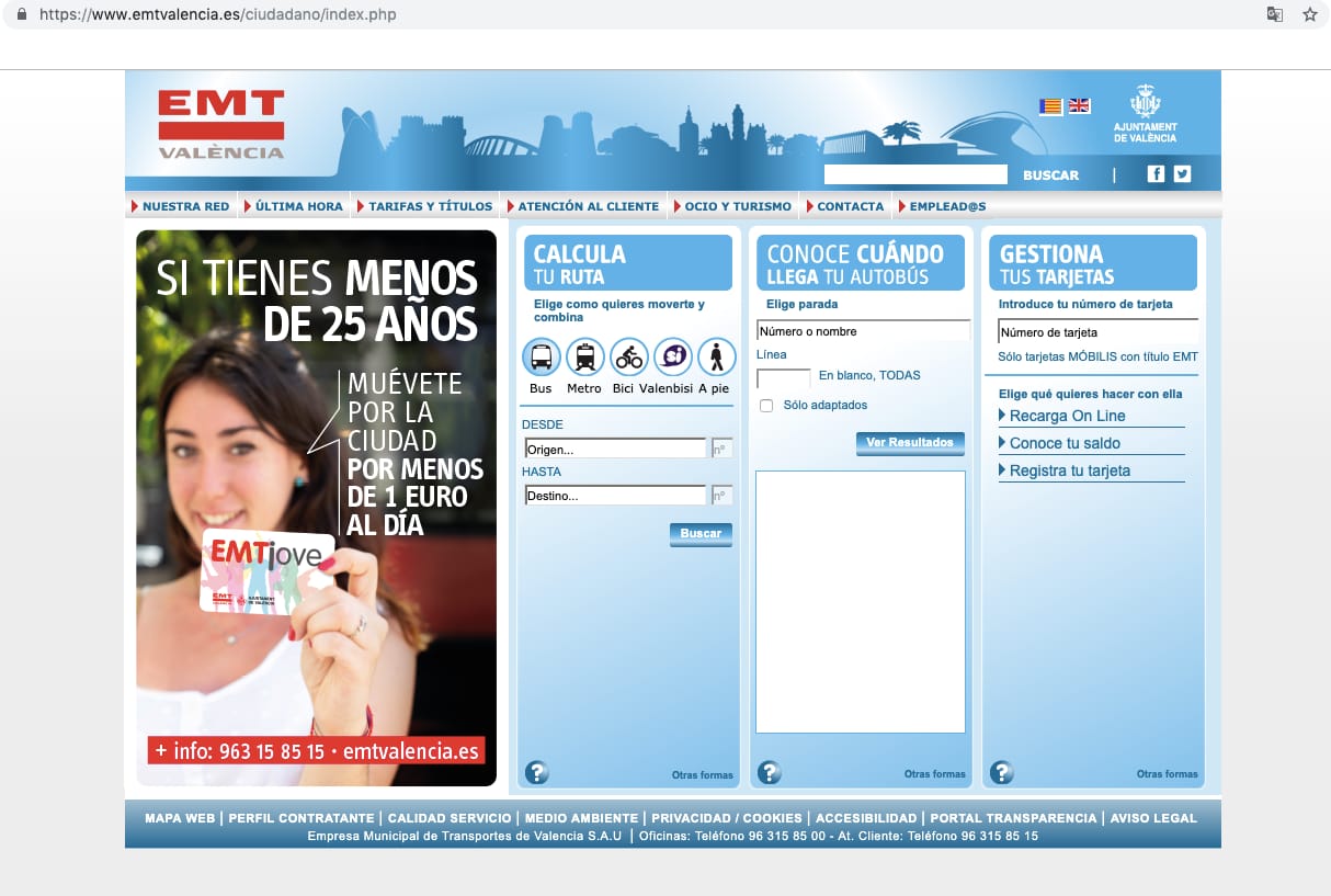 Sajt Direkcije za javni prevoz Valensija foto print screen