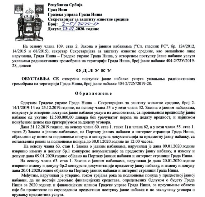 Odluka o obustavi javne nabavke; foto: prinstskrin