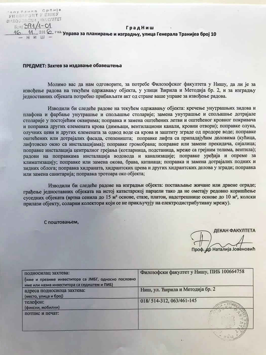 Filozofski fakultet dopis; foto: N. J