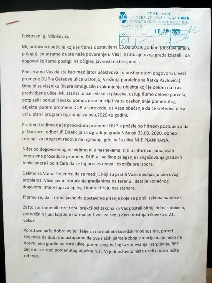 Dopis Miloševiću; foto: čitalac