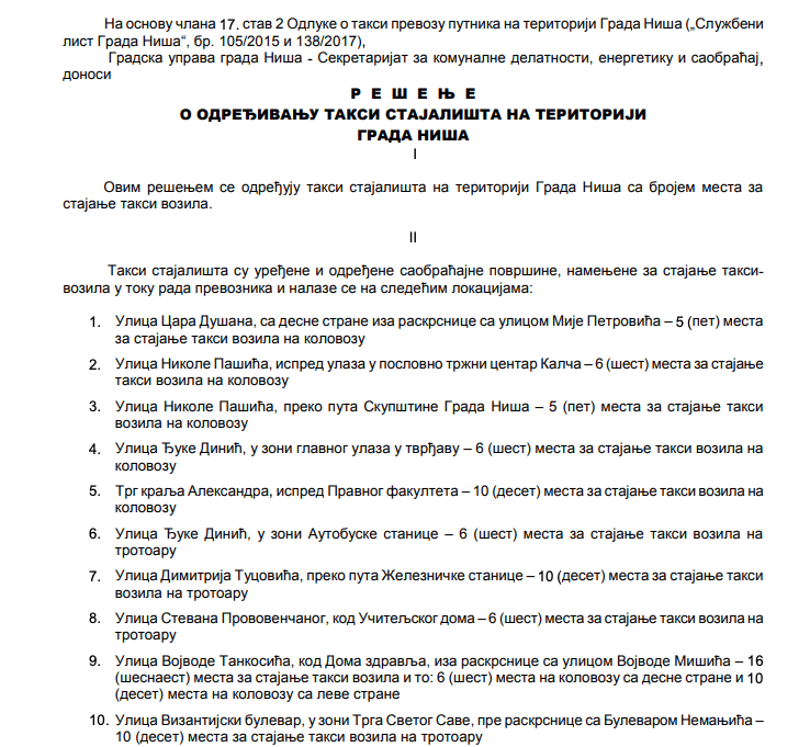 Resenje taksi stajalista foto print screen Sluzbeni glasnik