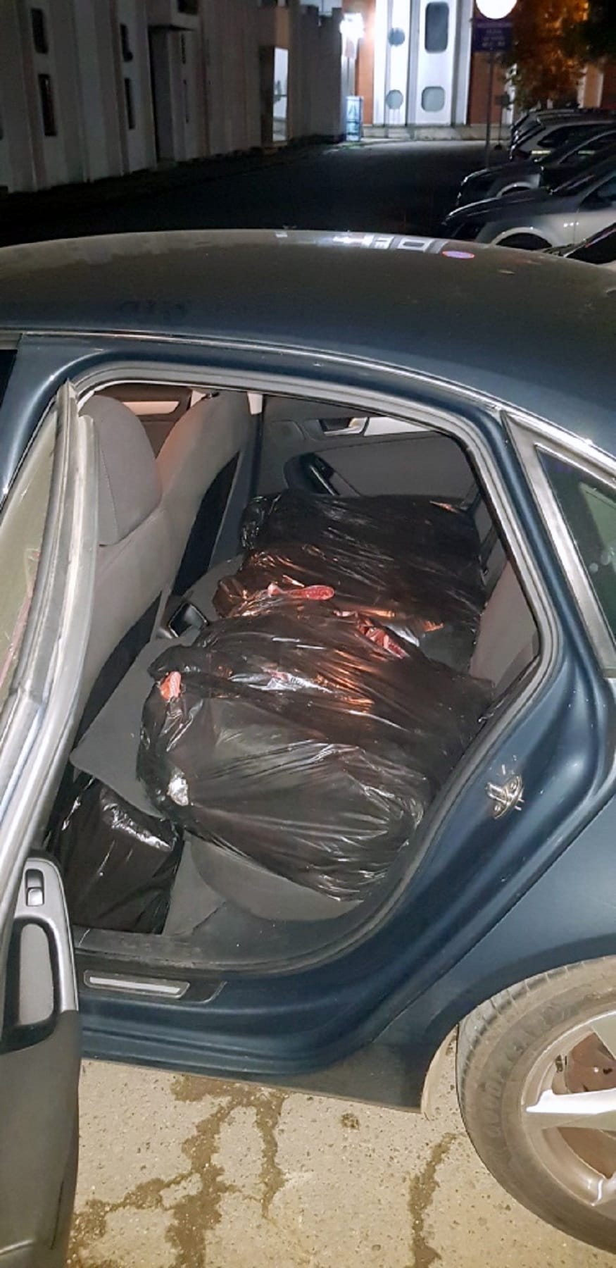 zadnje sediste automobila zatrpano kesama rezanog duvana