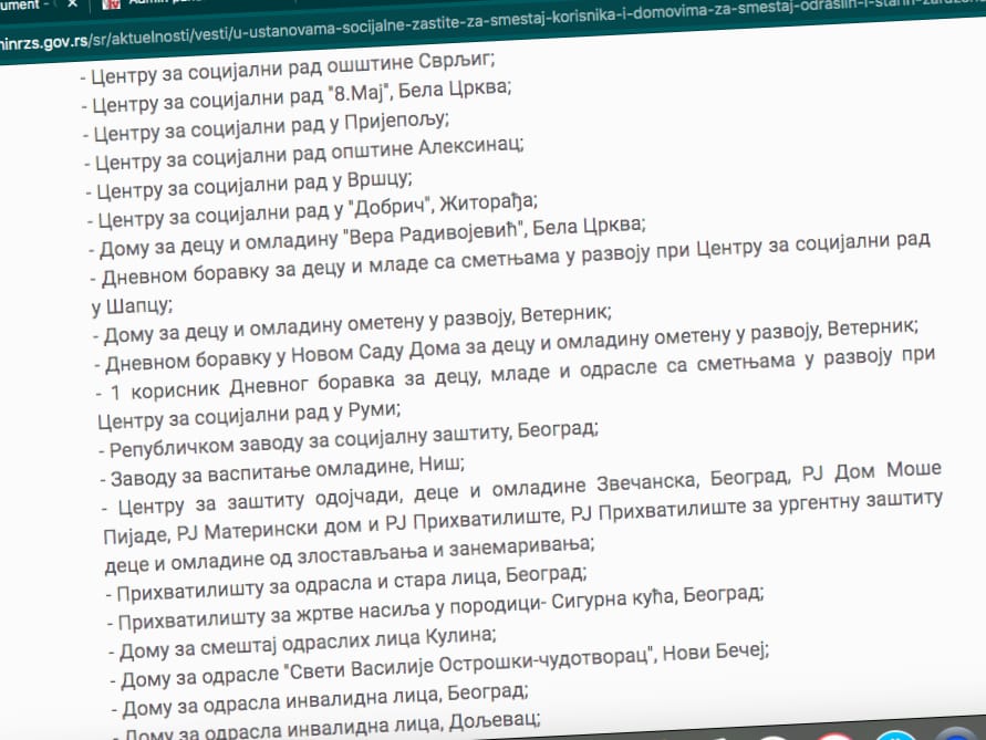 Screenshot sajta Ministarstva za Socijalna