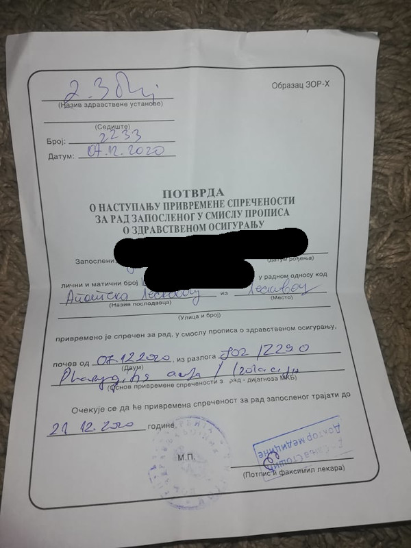 Potvrda o bolovanju