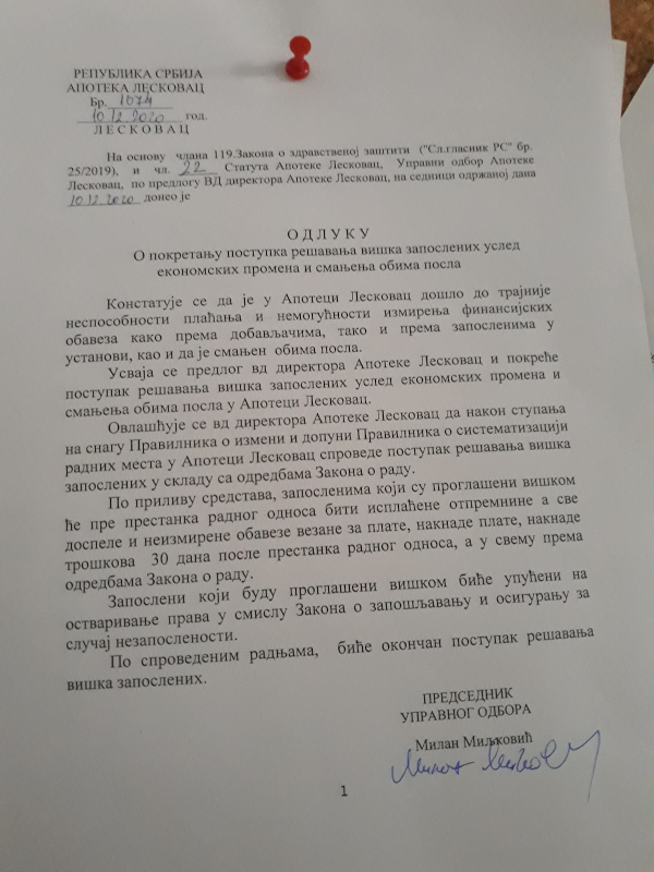 Odluka o proglašenju apotekara tehnološkim viškom