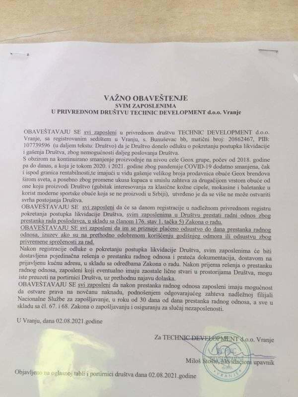 Odluka o likvidaciji - Geoks Vranje