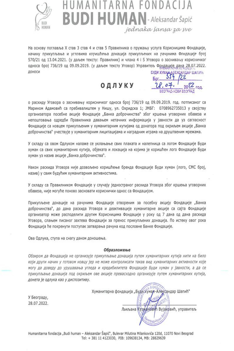 odluka Budi Human Marina Adamović