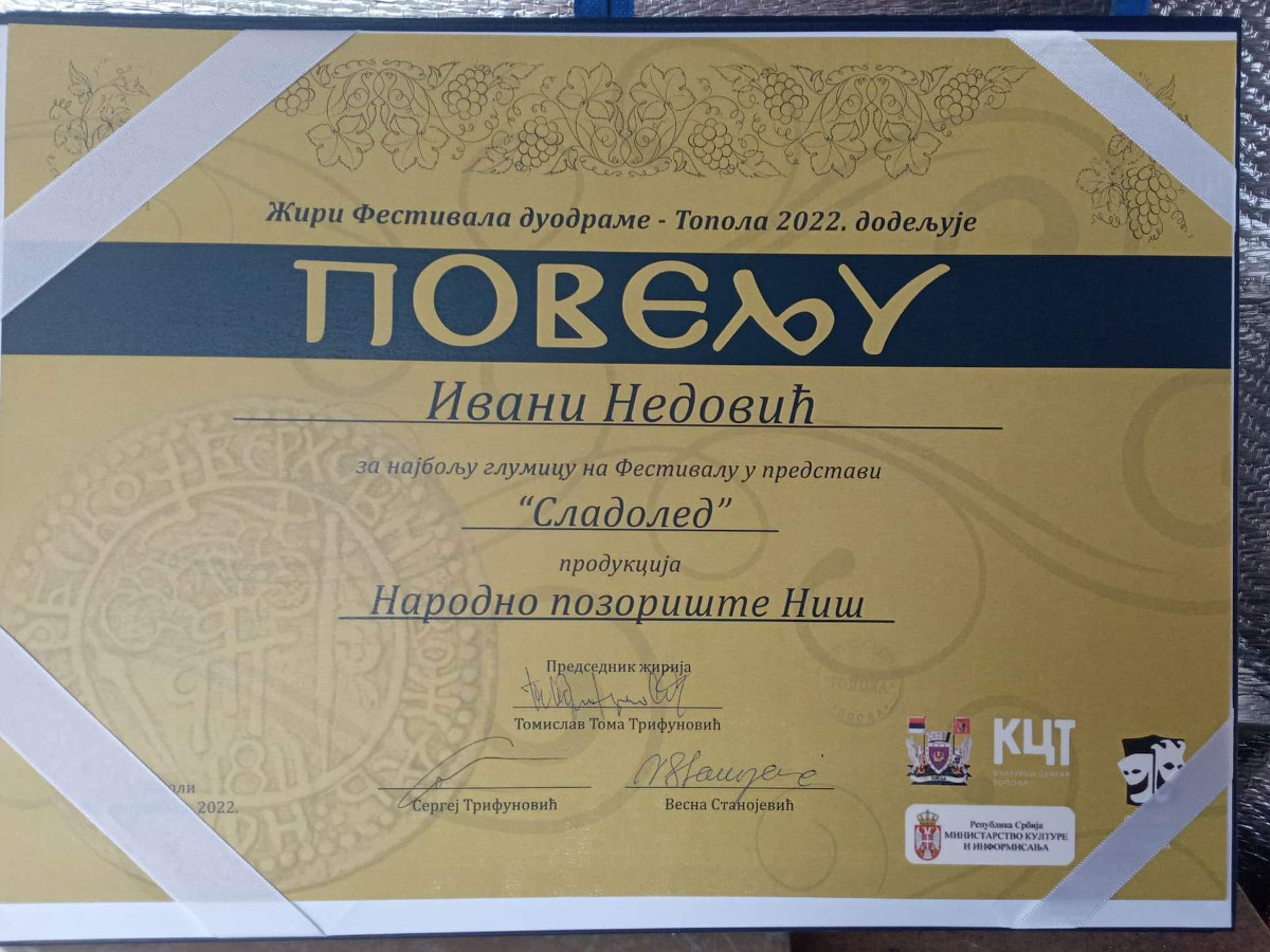 povelja za ivanu nedovic, narodno pozoriste nis