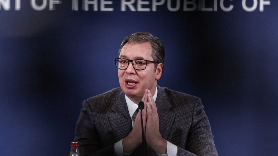 128390657 serbianpresidentaleksandarvucicspeaksduringanewsconferenceinhisofficeinbelgradeserbiajanuary232023 reutersmarkodjurica