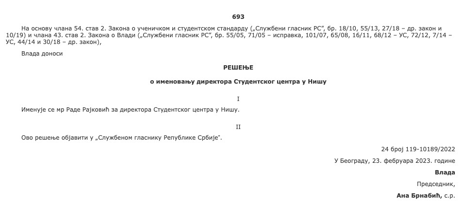 rade rajković imenovanje 
