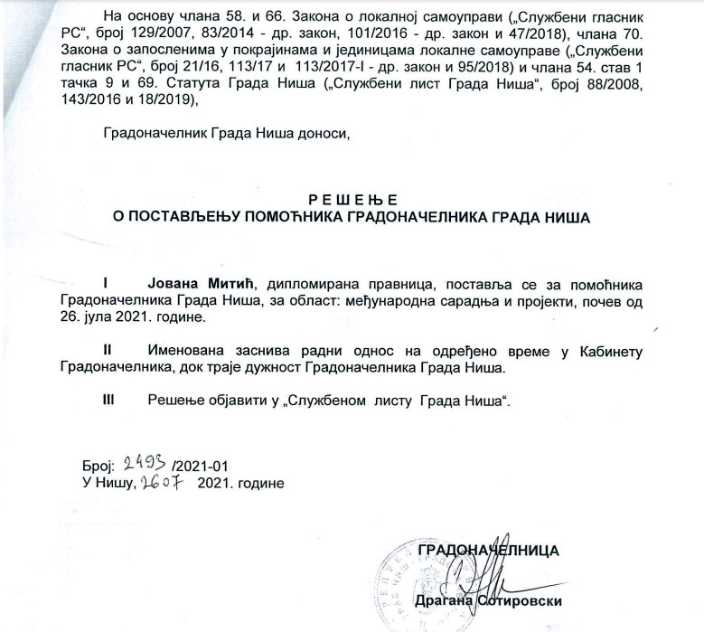 Jovana Mitić rešenje; foto: printskrin