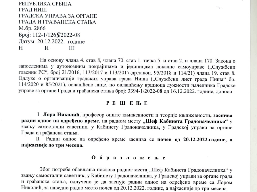 Lora Nikolić rešenje; foto: printskrin