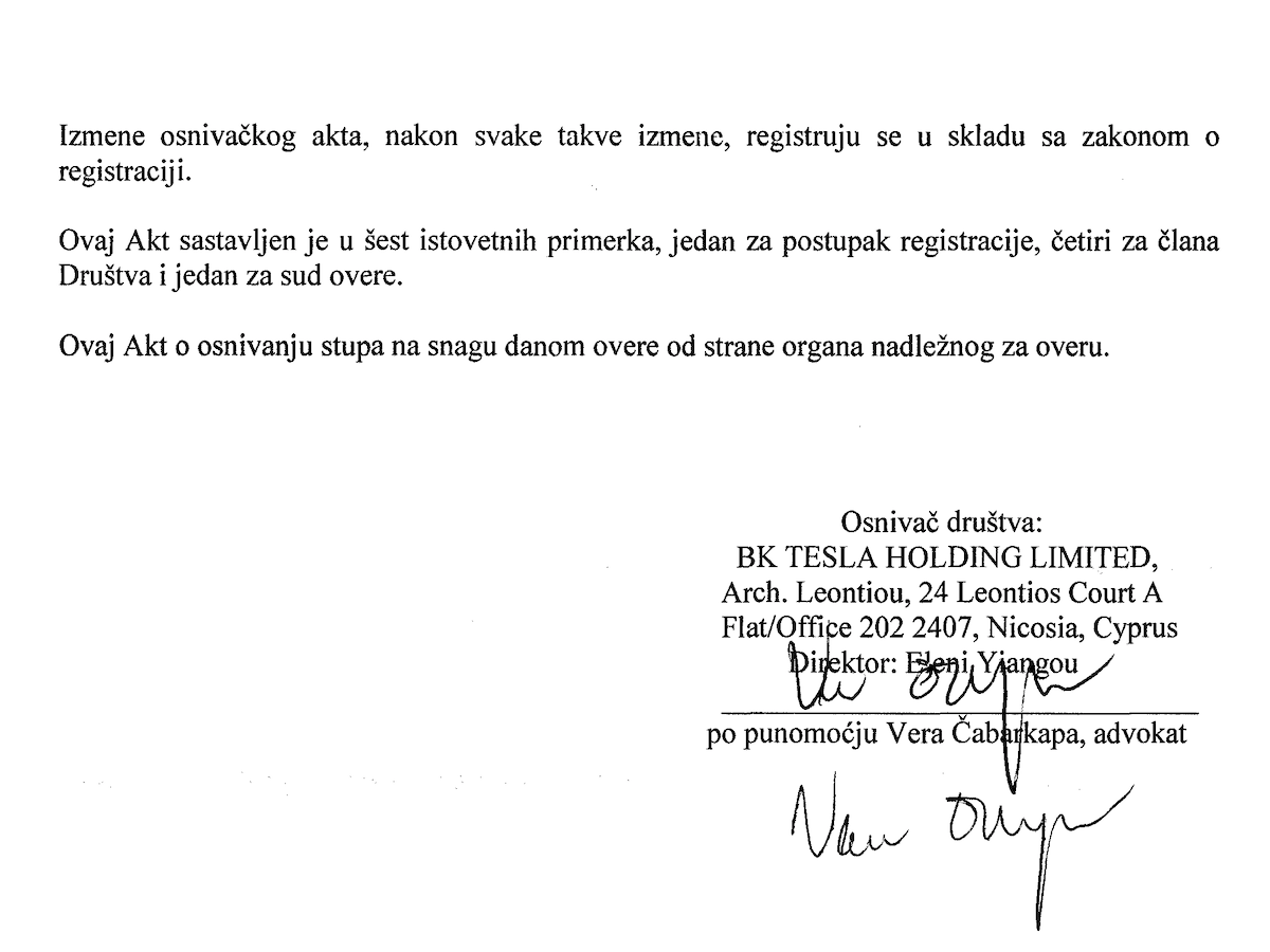 osnivački akrt virme tesla grad BK