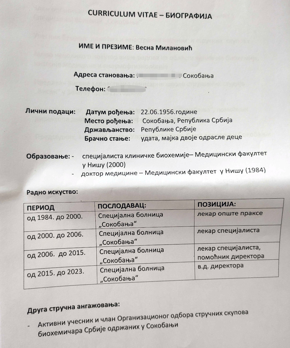 Spec bolnica Sokobanja biografija Milanović; foto: JV