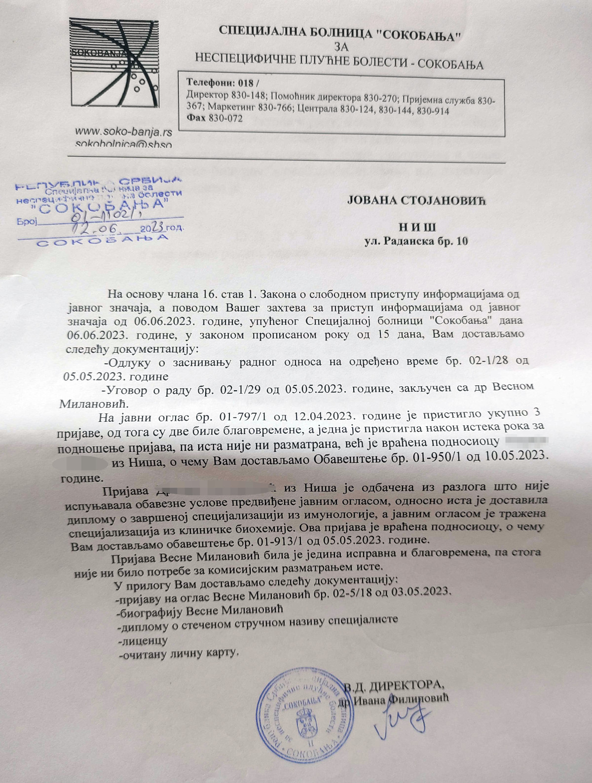 Spec bolnica Sokobanja odgovor na Zahtev; foto: JV