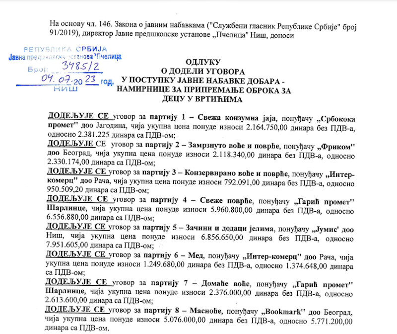 Odluka o hrani za Pčelicu; foto: printskrin