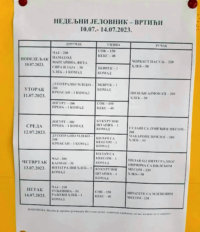 Nedeljni jelovnik u Pčelici, jul 2023; foto: čitalac