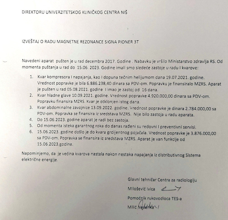 Odgovor UKC Niš o evidenciji kvarova; foto: JV