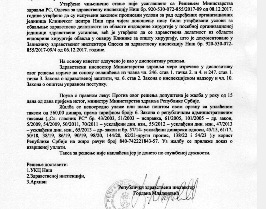 Rešenje inspekcije; foto: JV